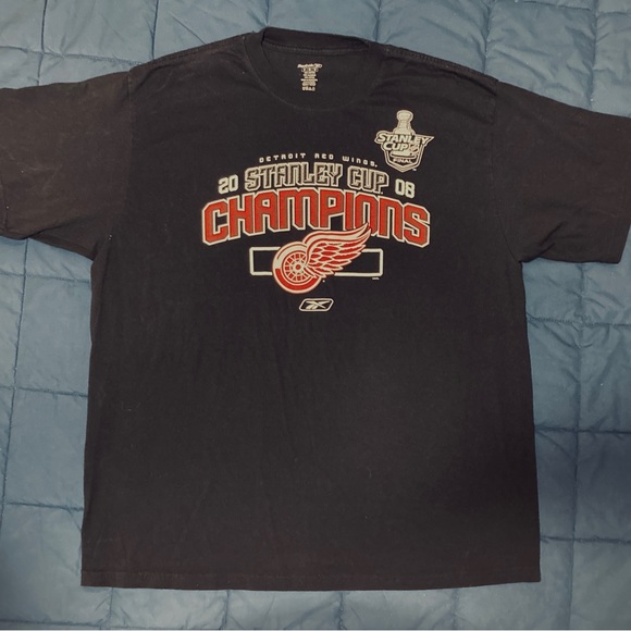 DETROIT RED WINGS Stanley Cup Champions Black T-Shirt X-Large Reebok 100% Cotton - Picture 9 of 9